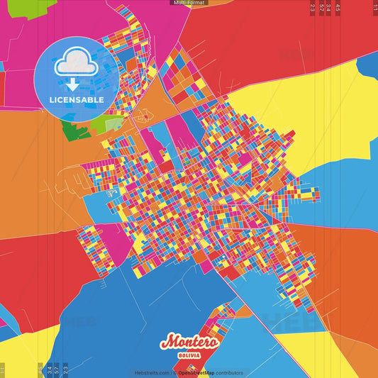 Montero, Bolivia Crazy Colorful Street Map Poster Template