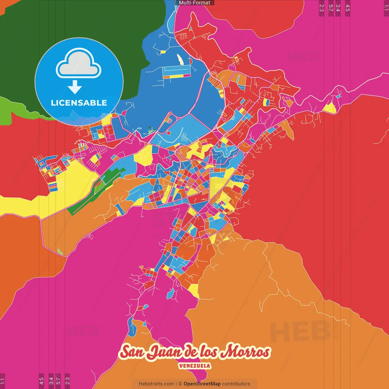 San Juan de los Morros, Venezuela Crazy Colorful Street Map Poster Template