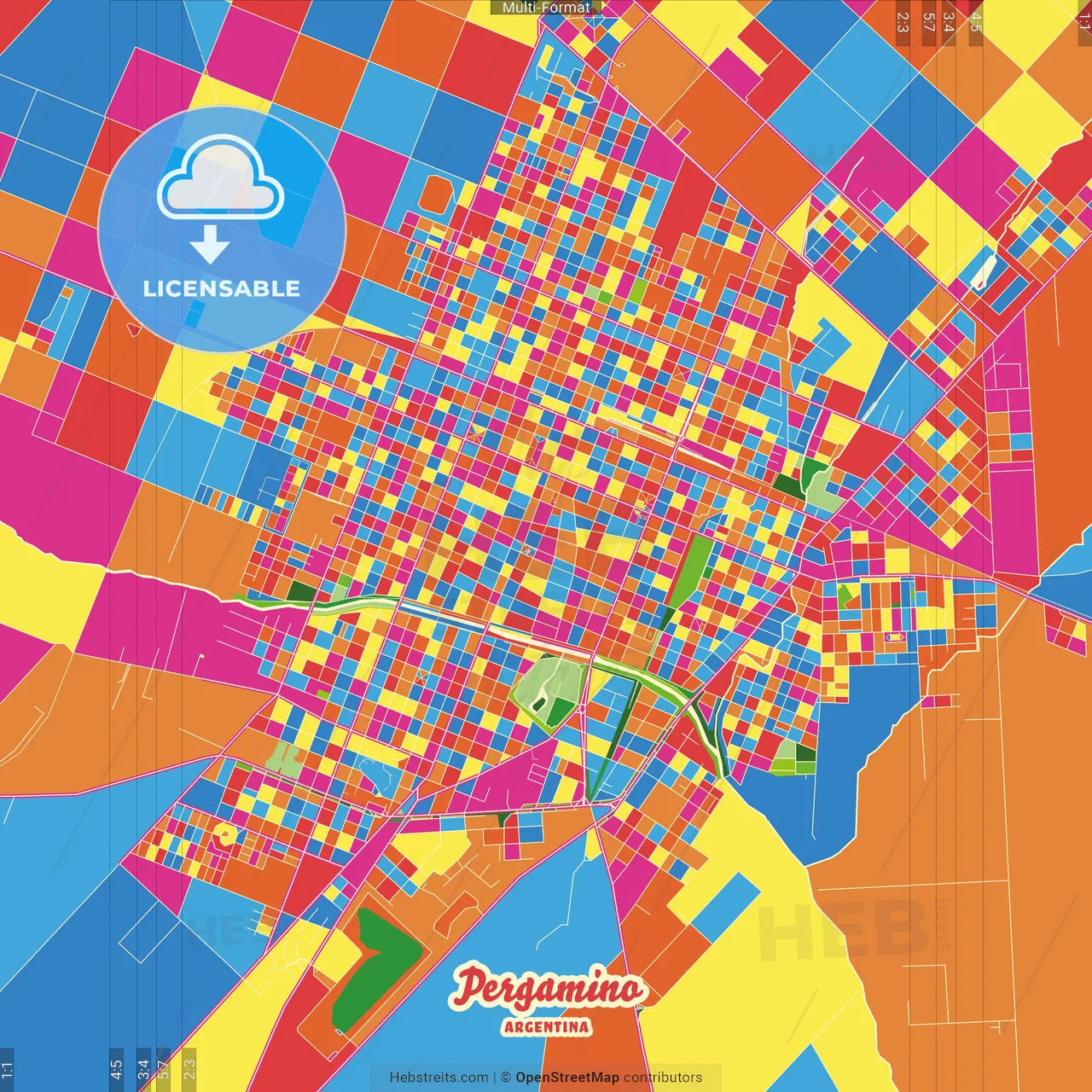 Pergamino, Argentina Crazy Colorful Street Map Poster Template