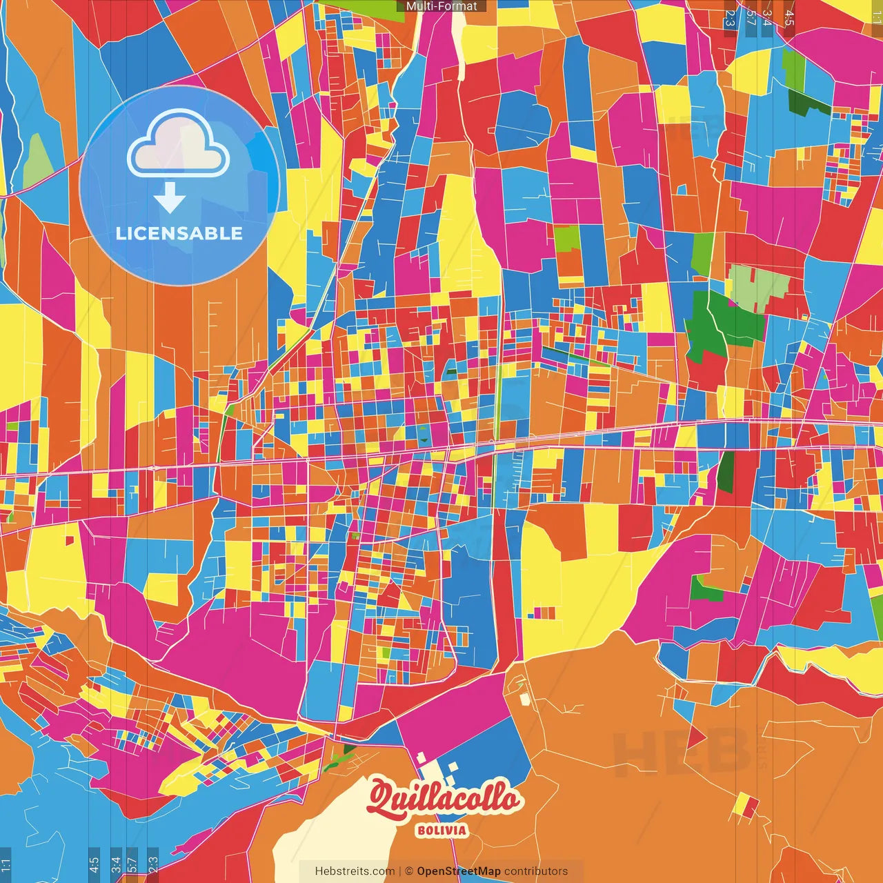 Quillacollo, Bolivia Crazy Colorful Street Map Poster Template