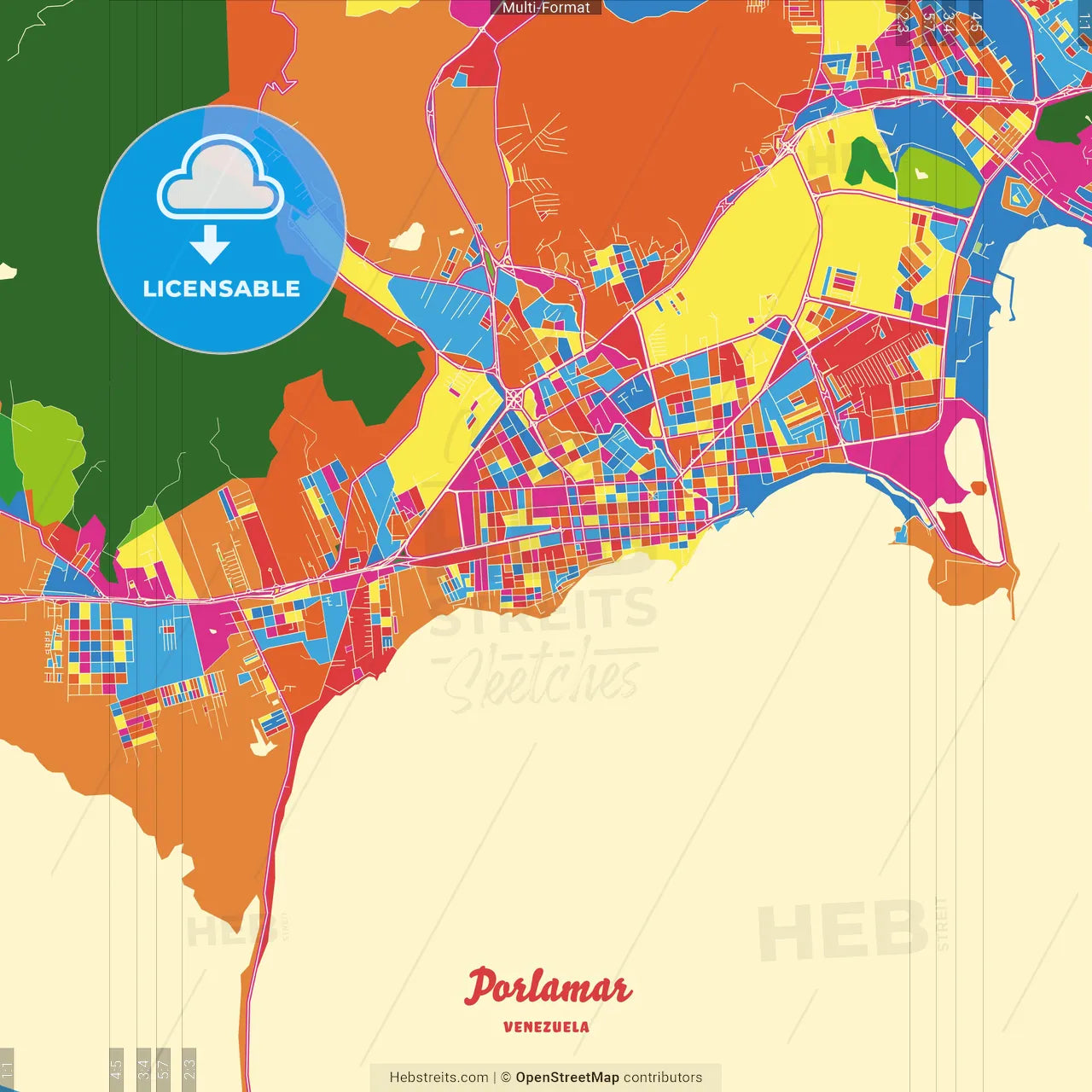 Porlamar, Venezuela Crazy Colorful Street Map Poster Template
