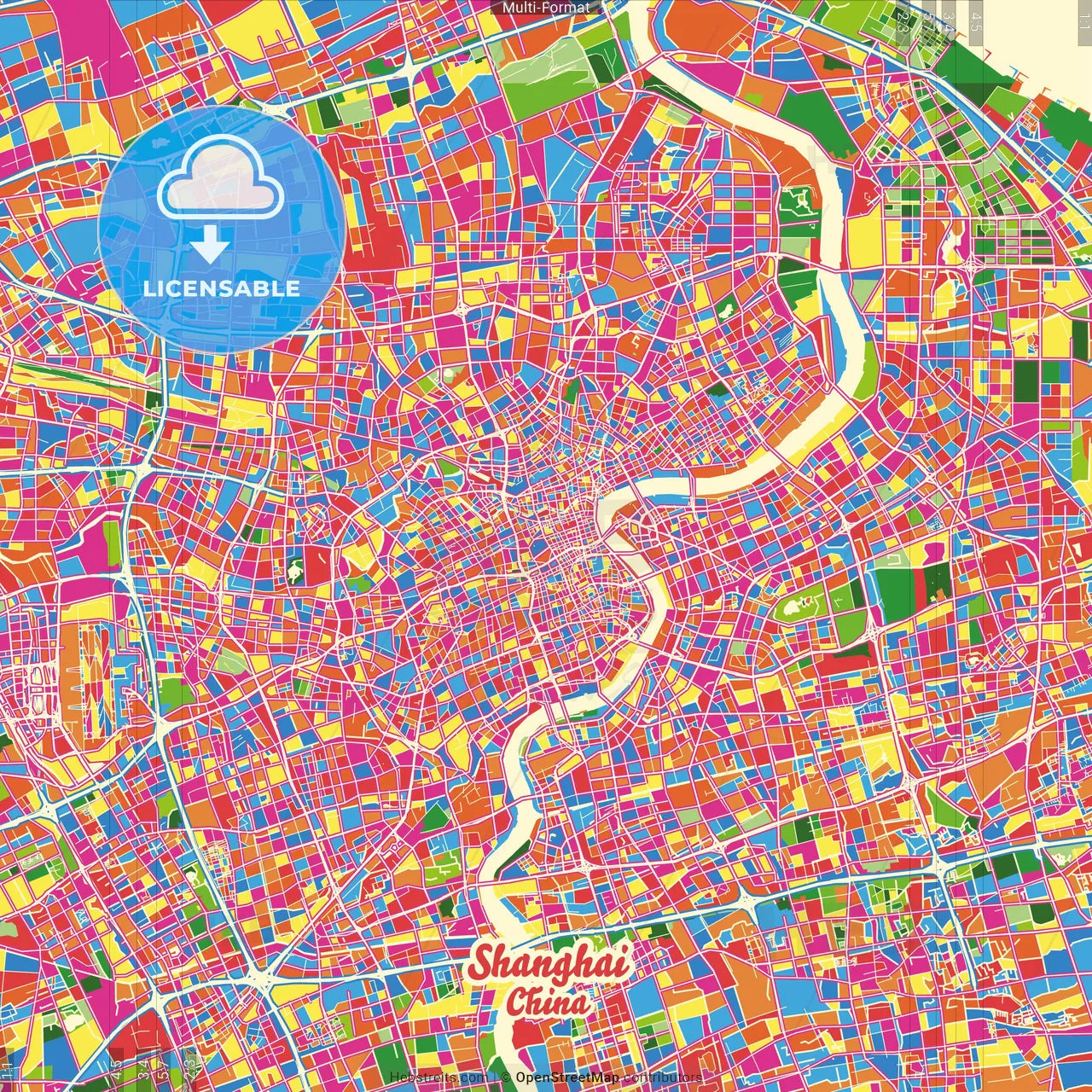 Shanghai, China Crazy Colorful Street Map Poster Template