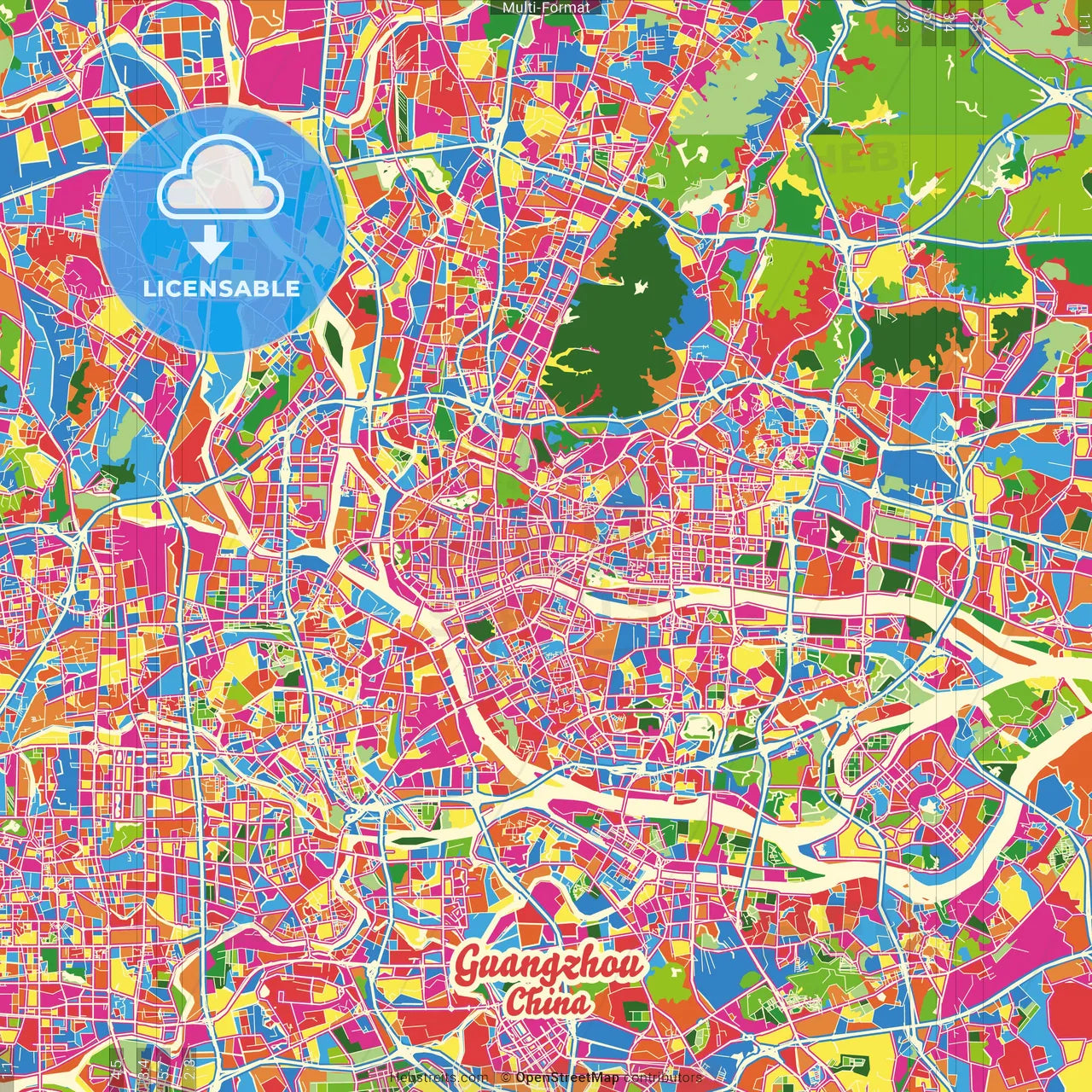 Guangzhou, Guangdong, China Crazy Colorful Street Map Poster Template