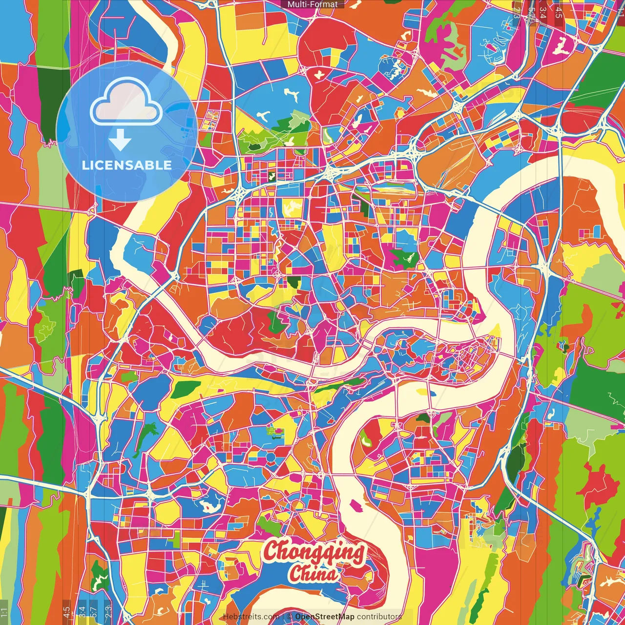Chongqing, China Crazy Colorful Street Map Poster Template