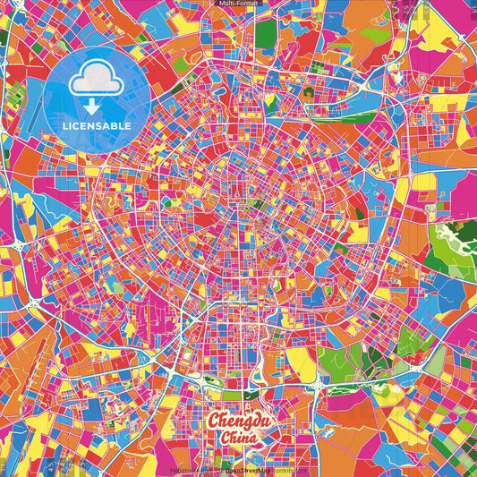 Chengdu, Sichuan, China Crazy Colorful Street Map Poster Template