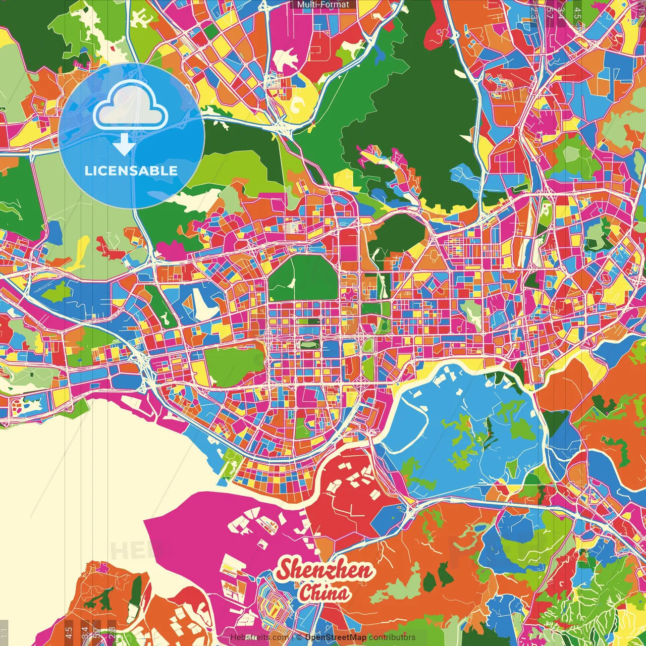 Shenzhen, Guangdong, China Crazy Colorful Street Map Poster Template