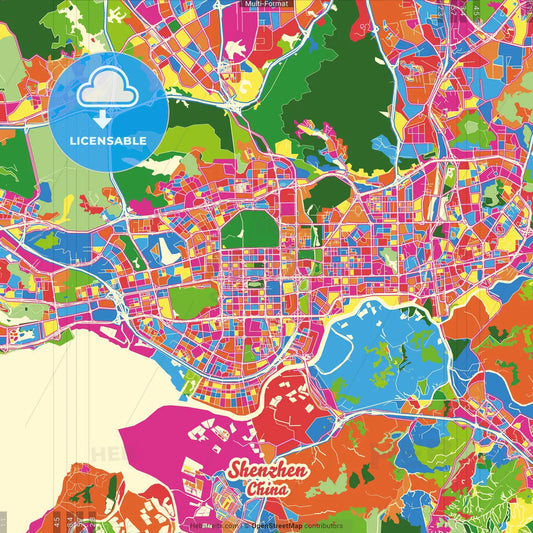 Shenzhen, Guangdong, China Crazy Colorful Street Map Poster Template