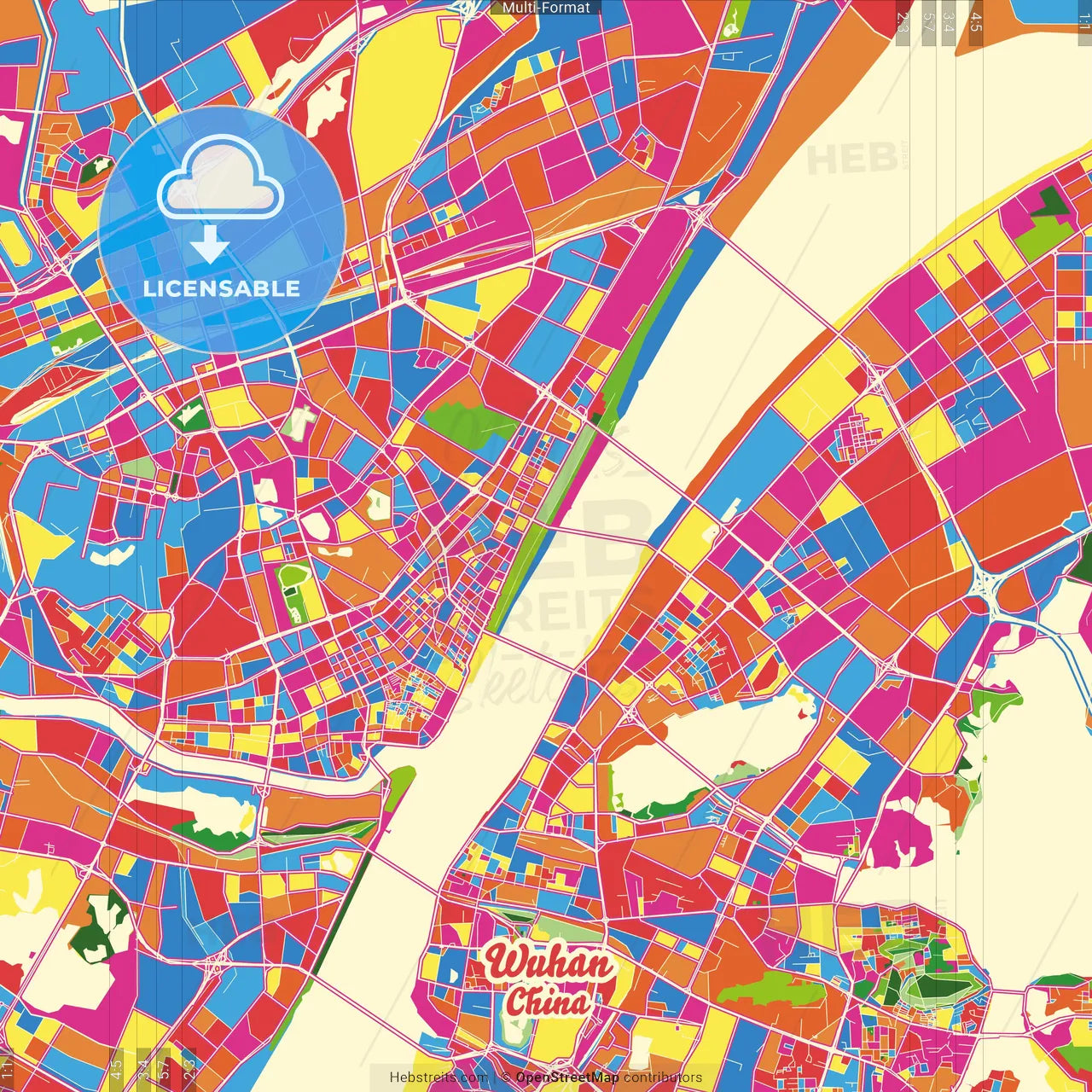 Wuhan, Hubei, China Crazy Colorful Street Map Poster Template