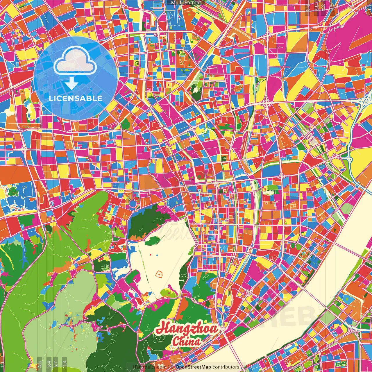 Hangzhou, Zhejiang, China Crazy Colorful Street Map Poster Template