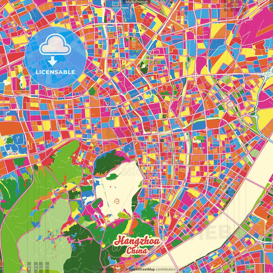 Hangzhou, Zhejiang, China Crazy Colorful Street Map Poster Template