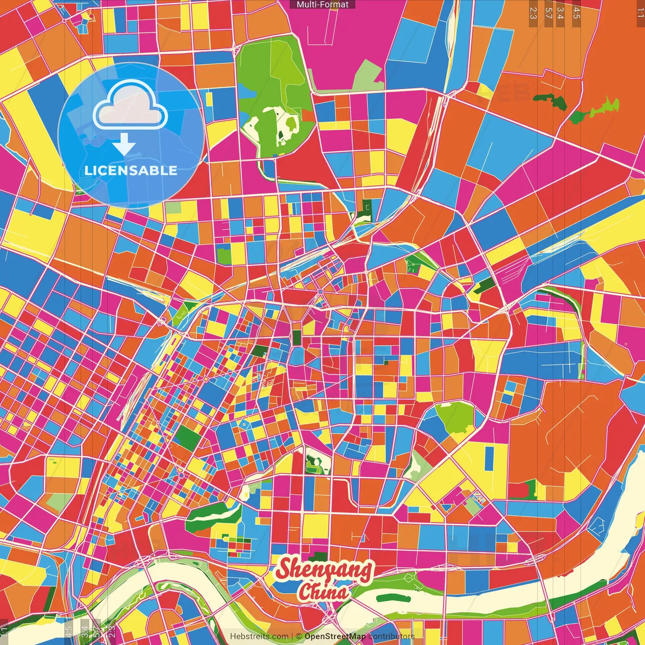 Shenyang, Liaoning, China Crazy Colorful Street Map Poster Template