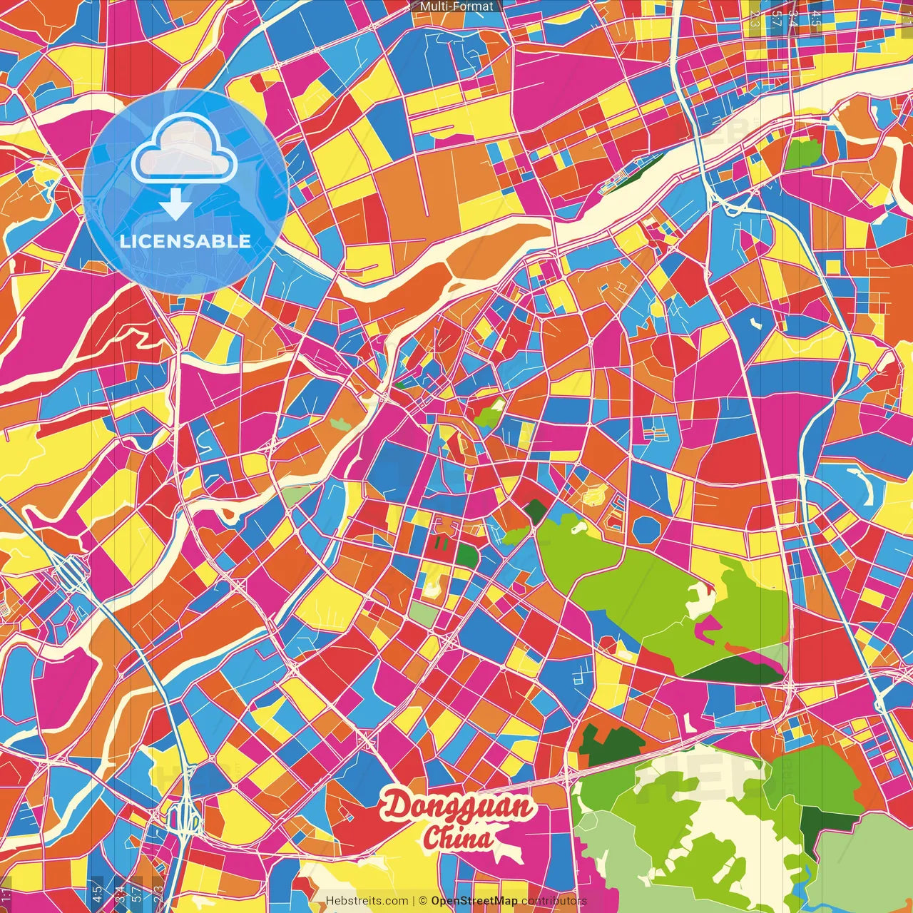 Dongguan, Guangdong, China Crazy Colorful Street Map Poster Template