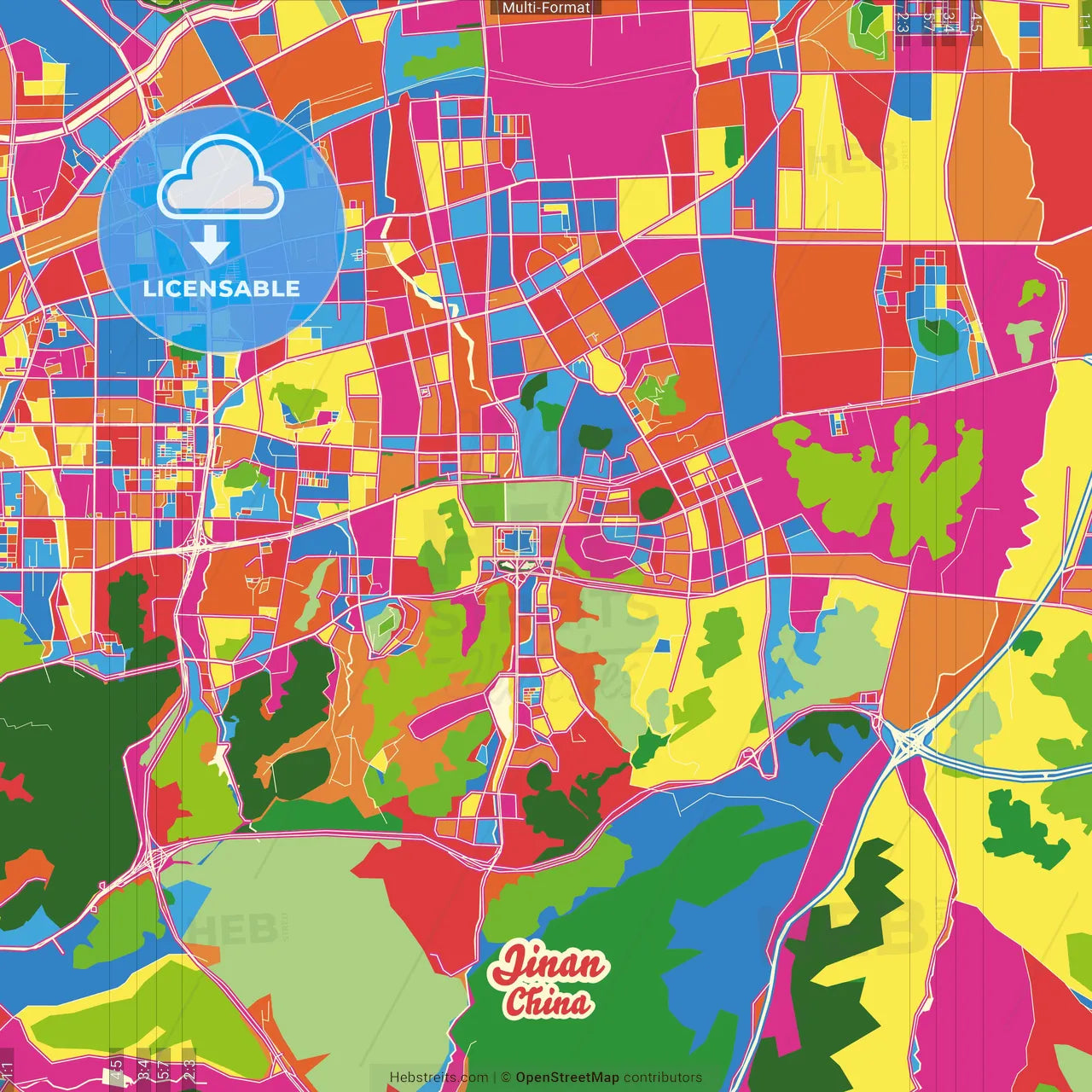 Jinan, Shandong, China Crazy Colorful Street Map Poster Template