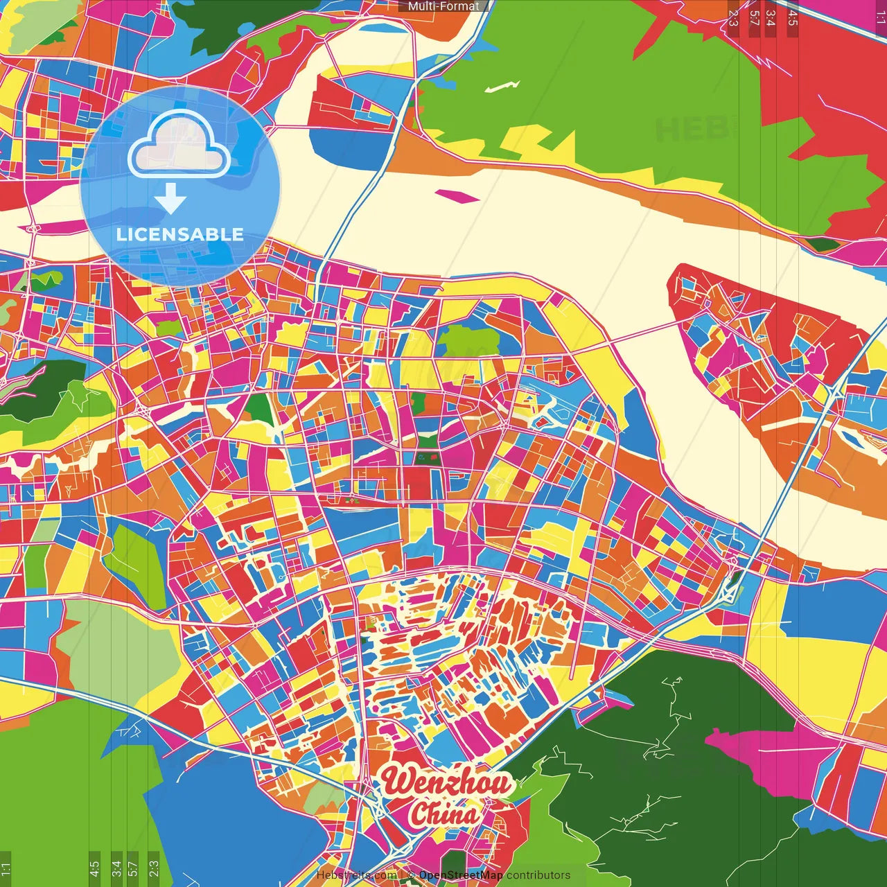 Wenzhou, Zhejiang, China Crazy Colorful Street Map Poster Template