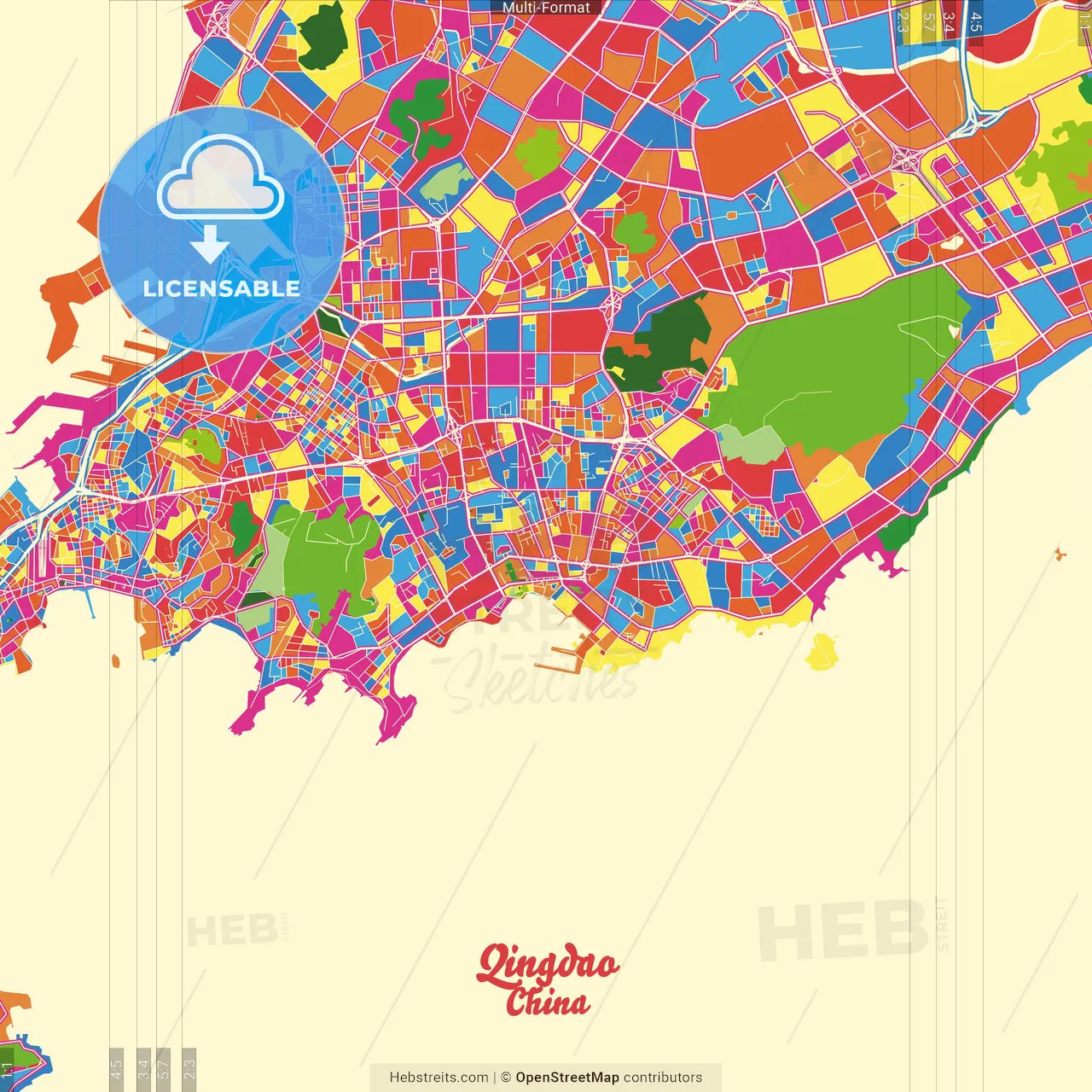 Qingdao, Shandong, China Crazy Colorful Street Map Poster Template