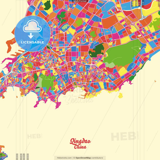 Qingdao, Shandong, China Crazy Colorful Street Map Poster Template