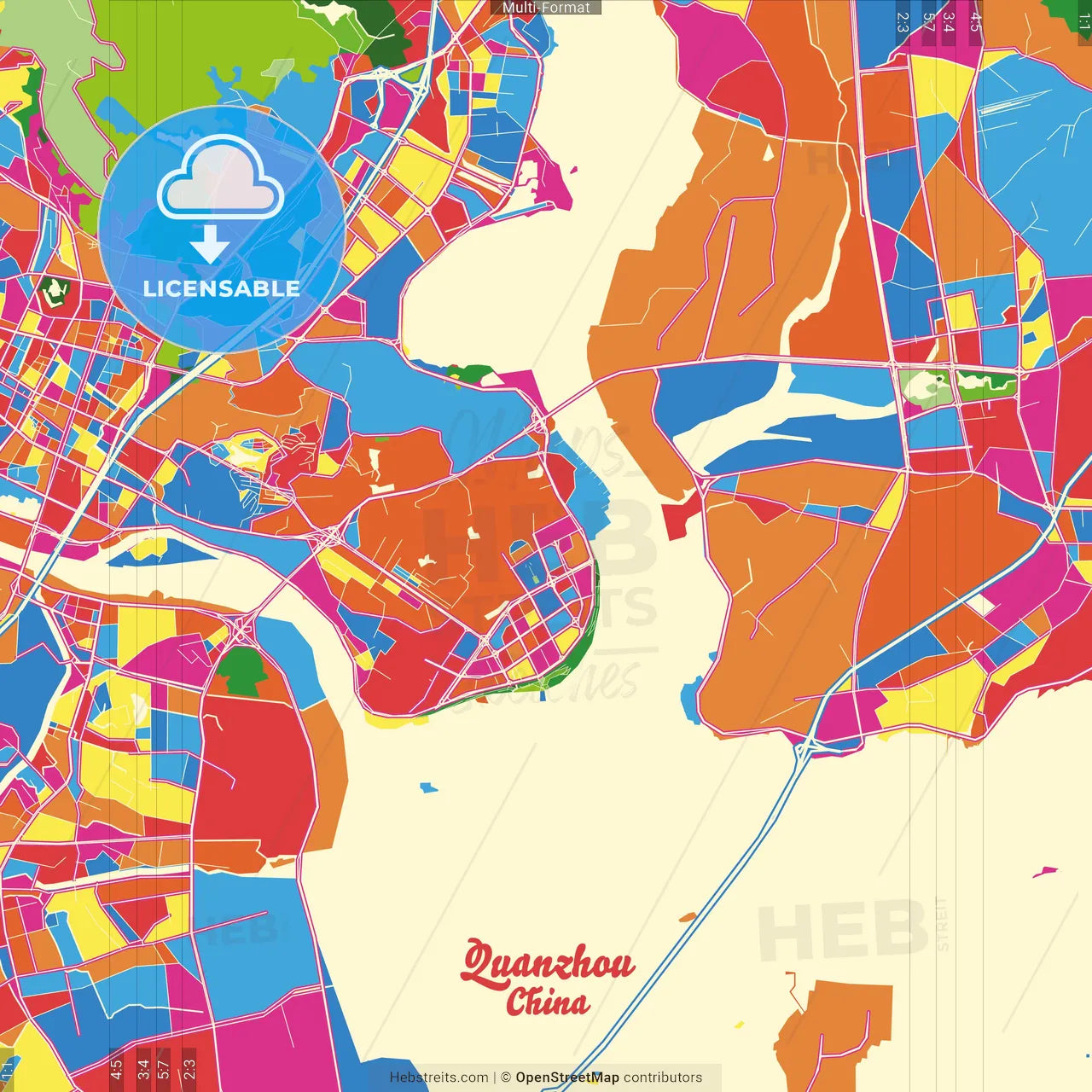 Quanzhou, Fujian, China Crazy Colorful Street Map Poster Template