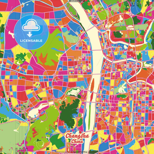 Changsha, Hunan, China Crazy Colorful Street Map Poster Template