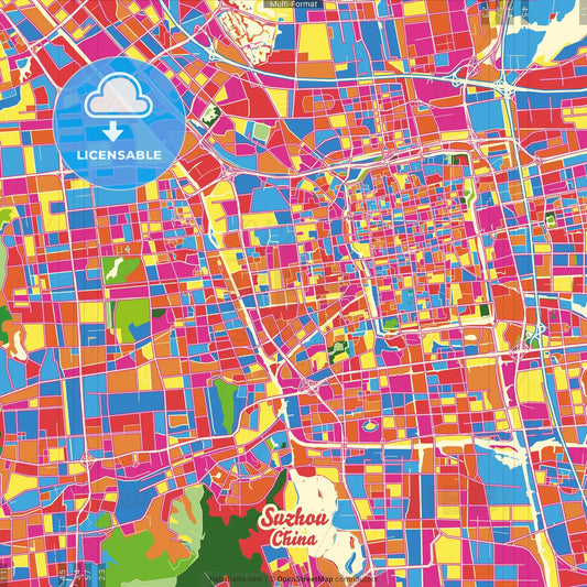 Suzhou, Jiangsu, China Crazy Colorful Street Map Poster Template