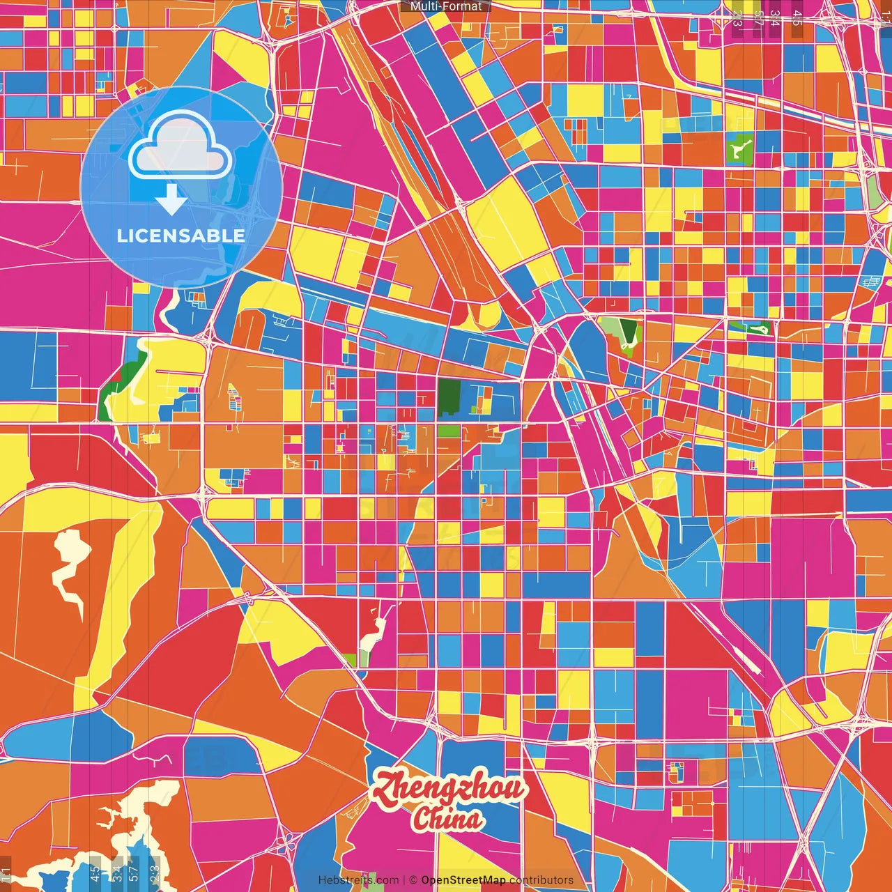 Zhengzhou, Henan, China Crazy Colorful Street Map Poster Template