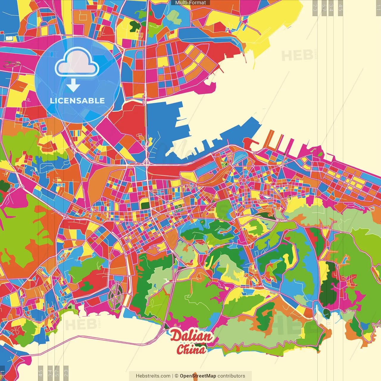 Dalian, Liaoning, China Crazy Colorful Street Map Poster Template