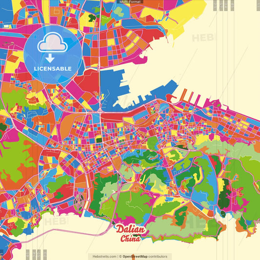 Dalian, Liaoning, China Crazy Colorful Street Map Poster Template