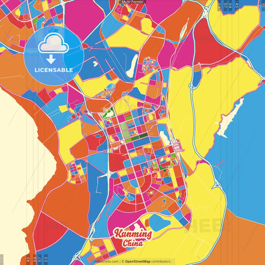Kunming, Yunnan, China Crazy Colorful Street Map Poster Template