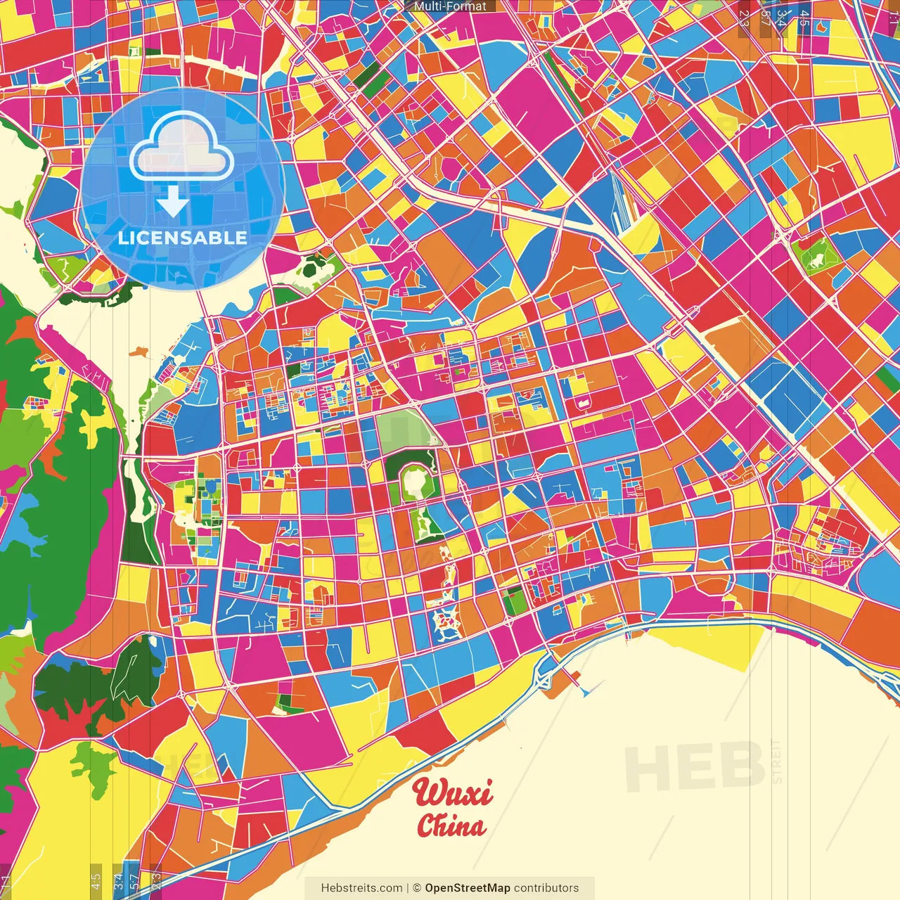 Wuxi, Jiangsu, China Crazy Colorful Street Map Poster Template