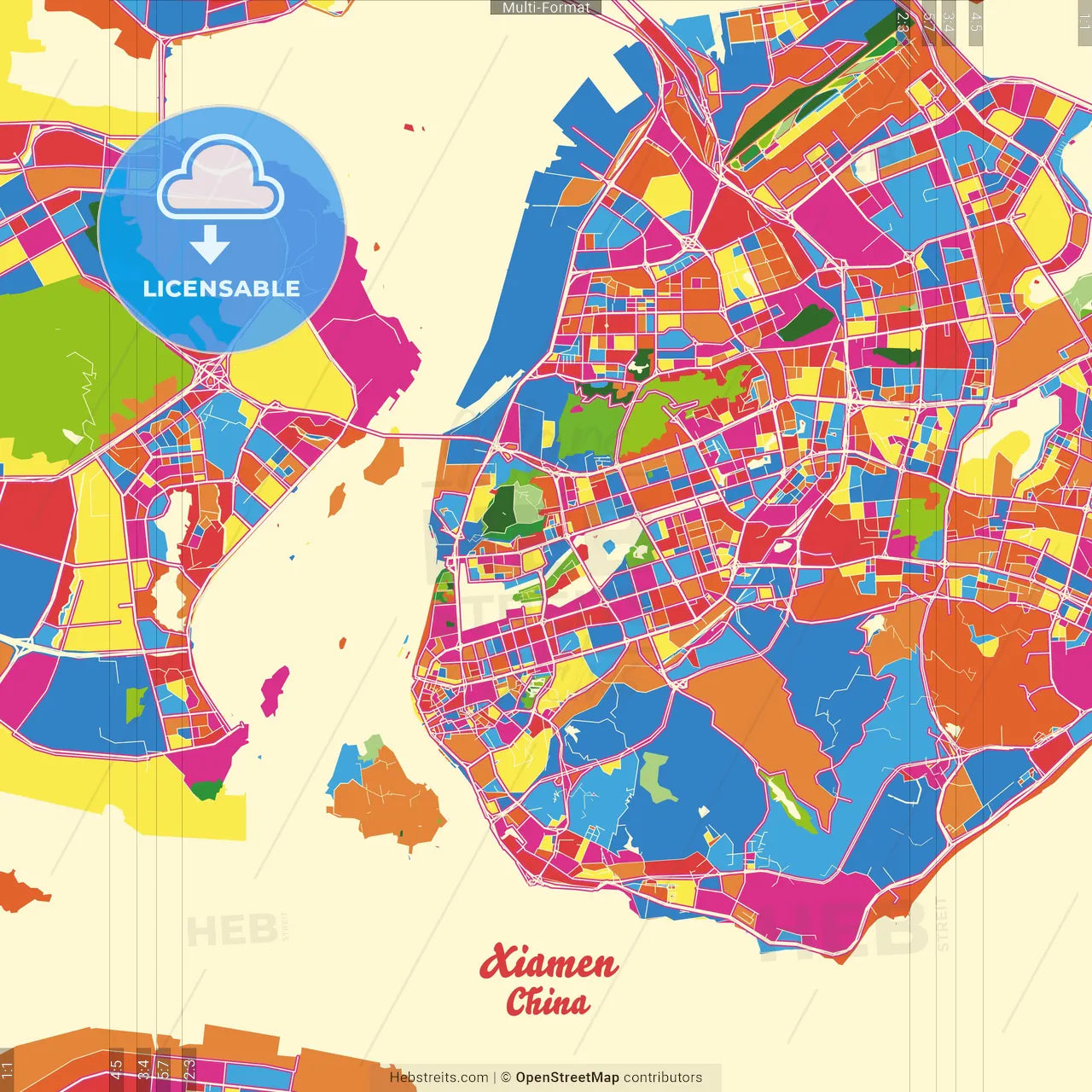 Xiamen, Fujian, China Crazy Colorful Street Map Poster Template