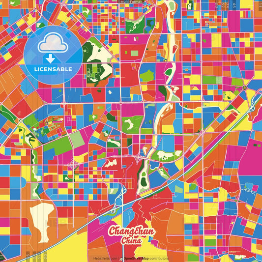 Changchun, Jilin, China Crazy Colorful Street Map Poster Template