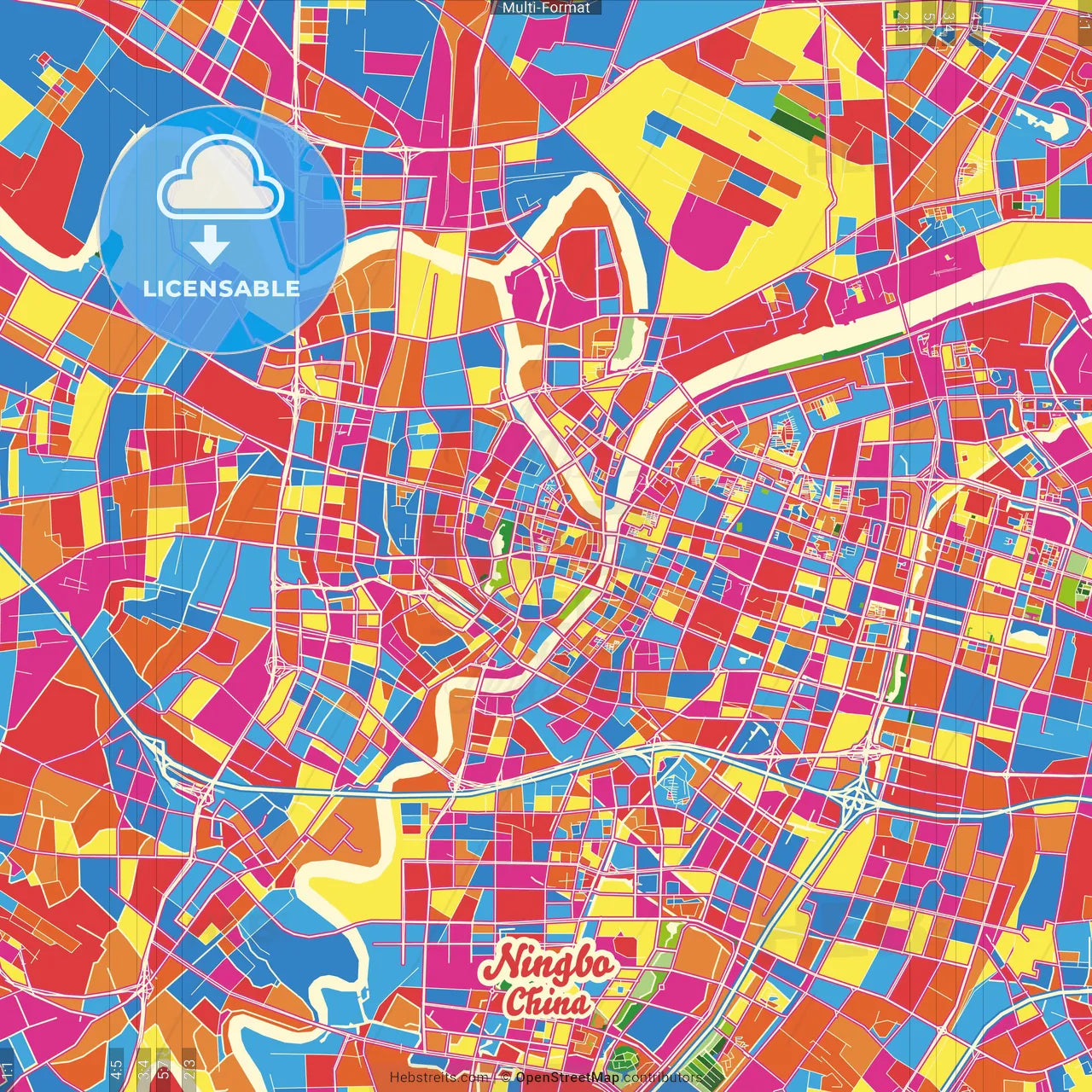 Ningbo, Zhejiang, China Crazy Colorful Street Map Poster Template