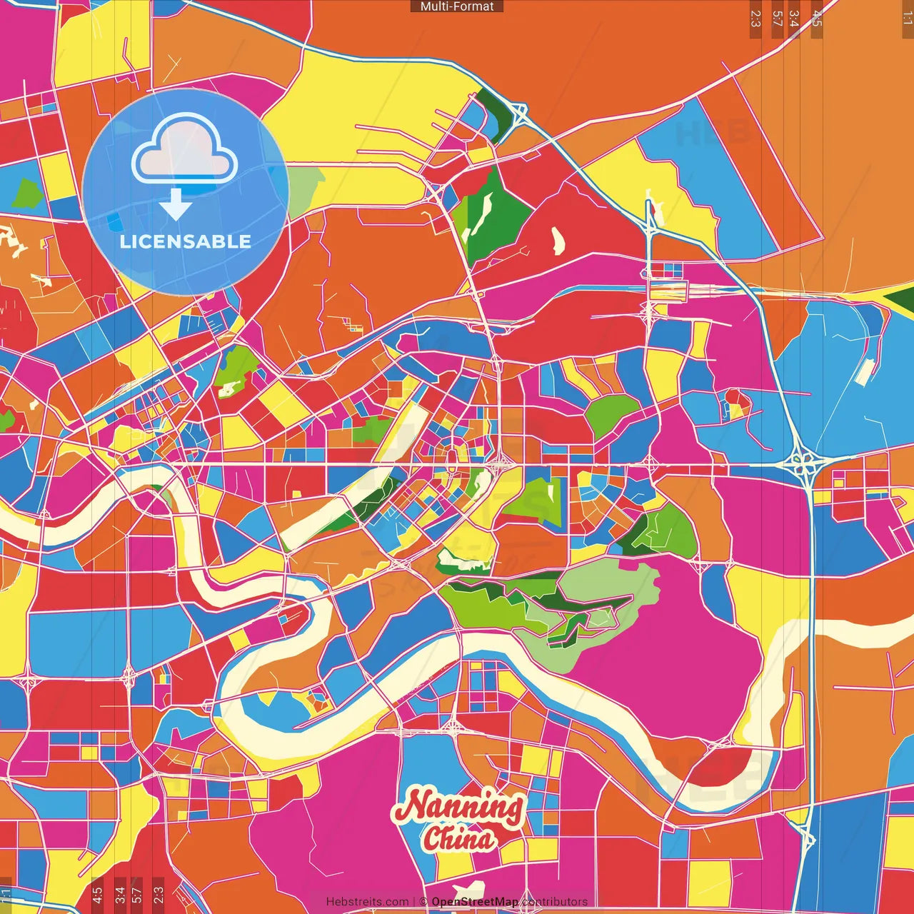 Nanning, Guangxi, China Crazy Colorful Street Map Poster Template