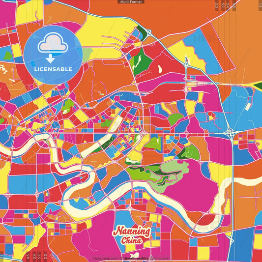 Nanning, Guangxi, China Crazy Colorful Street Map Poster Template