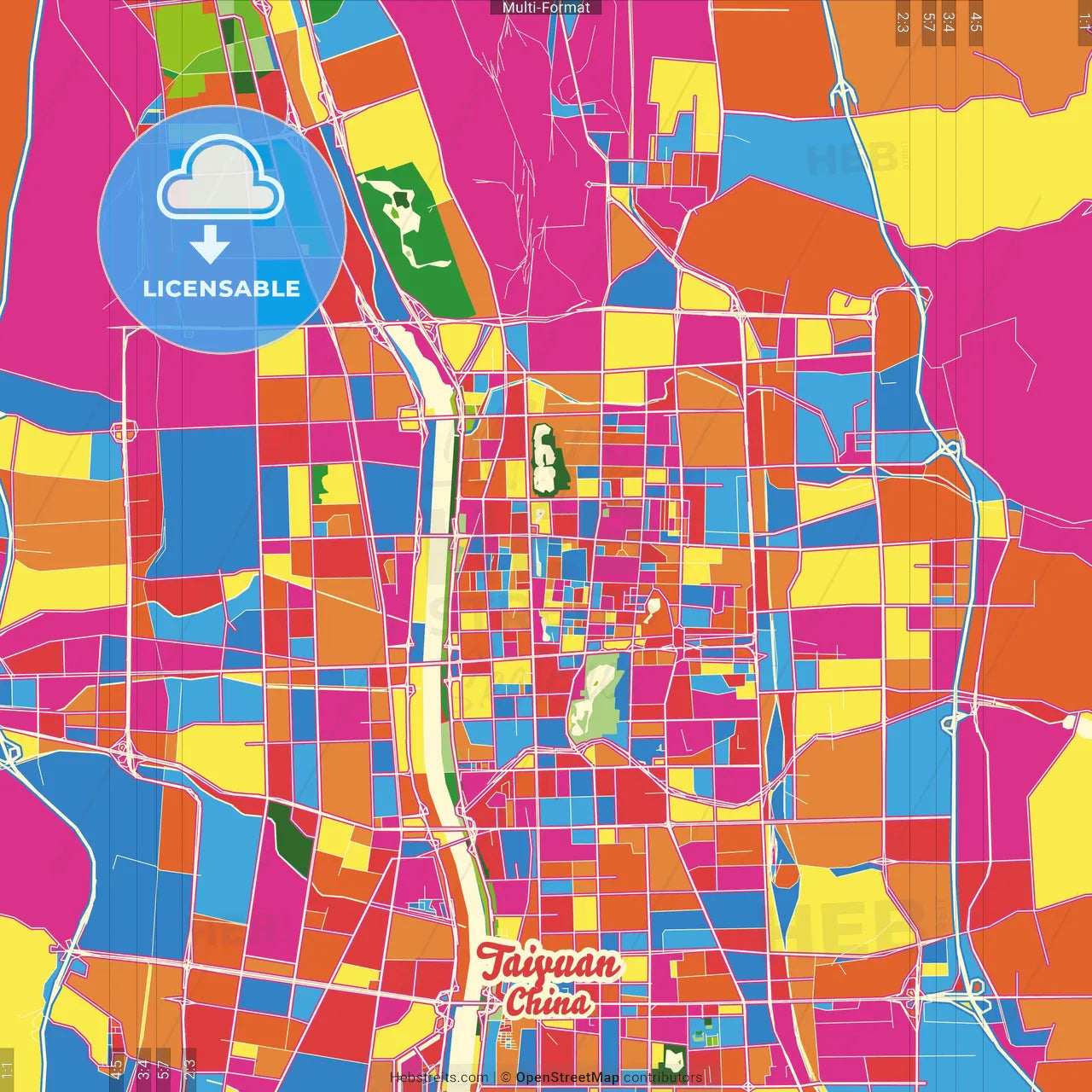 Taiyuan, Shanxi, China Crazy Colorful Street Map Poster Template