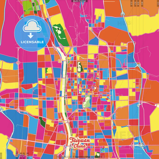 Taiyuan, Shanxi, China Crazy Colorful Street Map Poster Template
