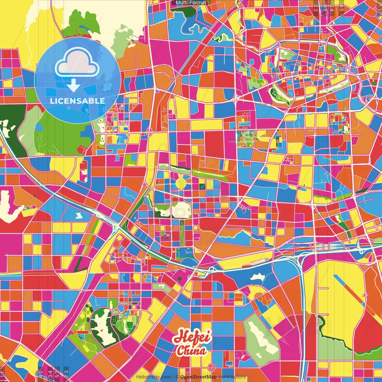 Hefei, Anhui, China Crazy Colorful Street Map Poster Template