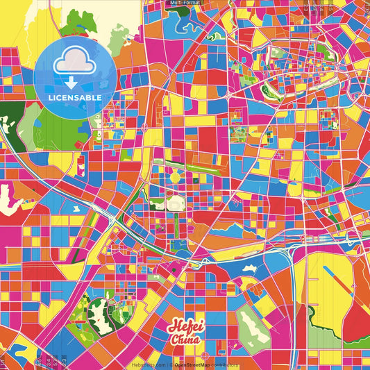 Hefei, Anhui, China Crazy Colorful Street Map Poster Template