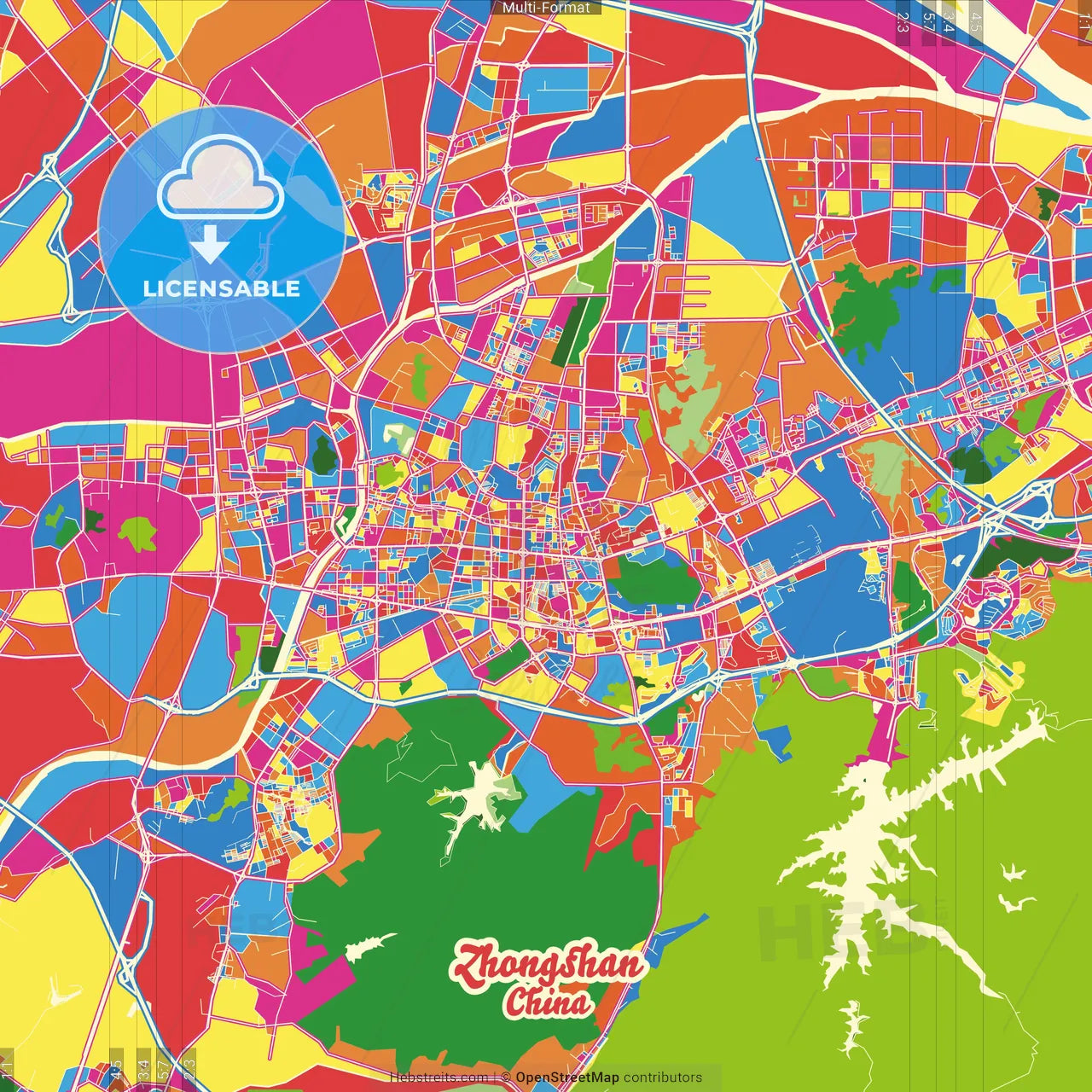 Zhongshan, Guangdong, China Crazy Colorful Street Map Poster Template