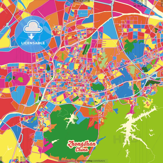 Zhongshan, Guangdong, China Crazy Colorful Street Map Poster Template