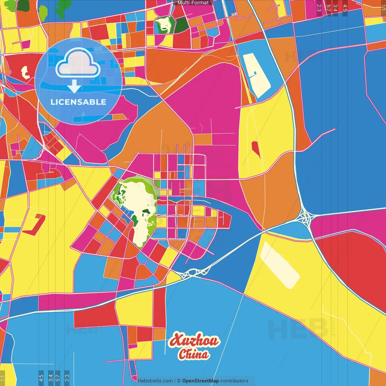Xuzhou, Jiangsu, China Crazy Colorful Street Map Poster Template