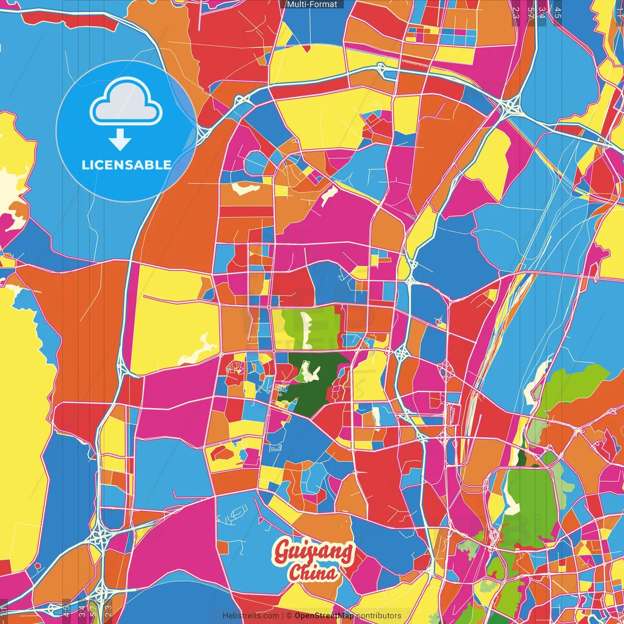 Guiyang, Guizhou, China Crazy Colorful Street Map Poster Template
