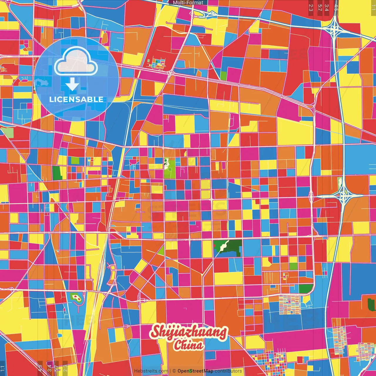 Shijiazhuang, Hebei, China Crazy Colorful Street Map Poster Template