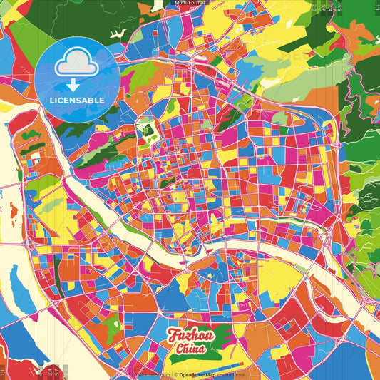 Fuzhou, Fujian, China Crazy Colorful Street Map Poster Template