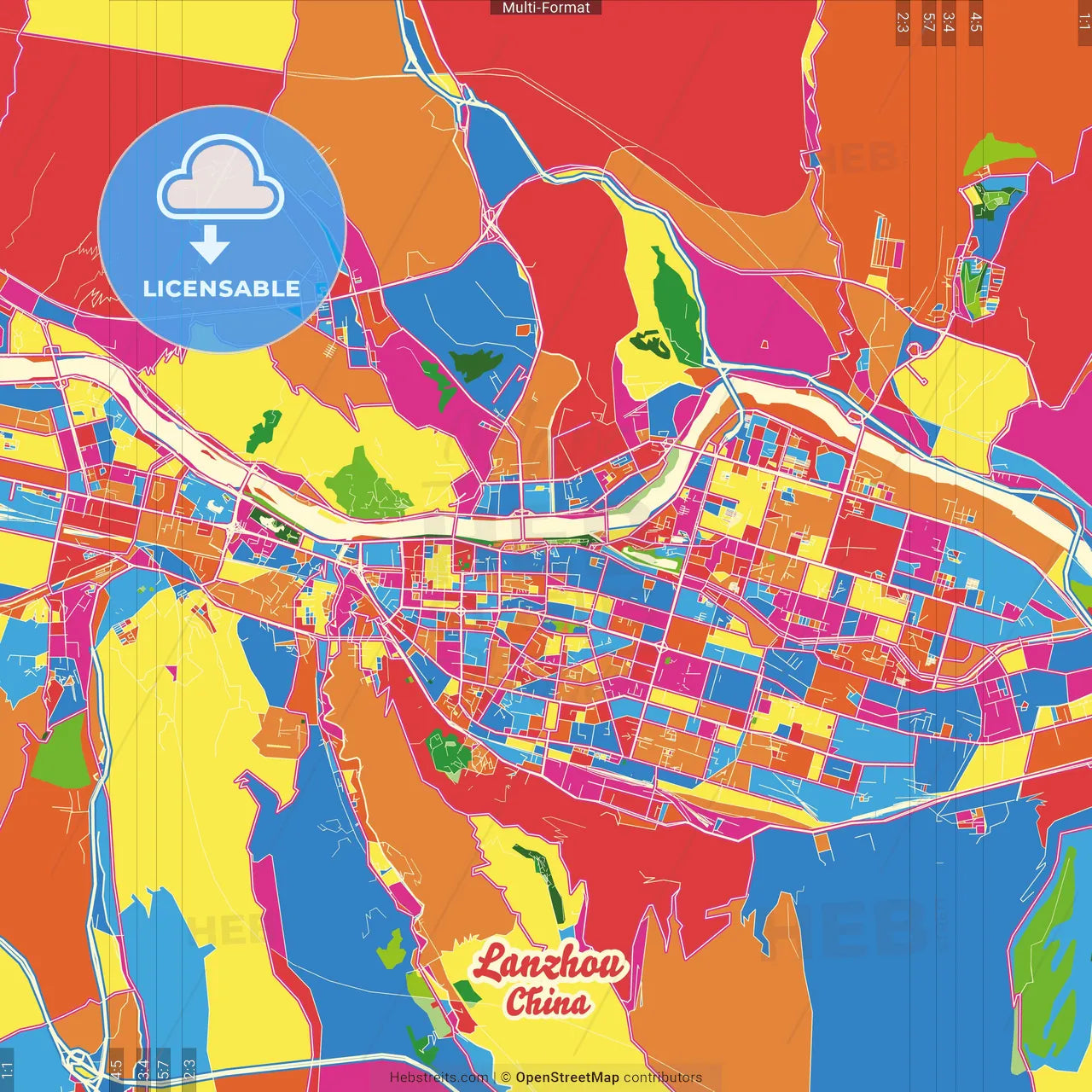 Lanzhou, Gansu, China Crazy Colorful Street Map Poster Template