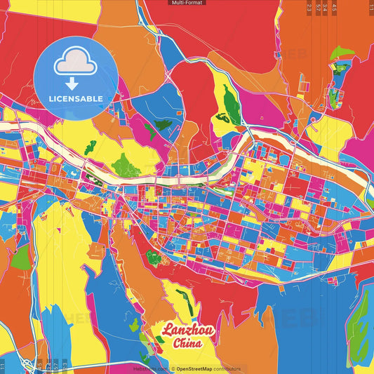 Lanzhou, Gansu, China Crazy Colorful Street Map Poster Template
