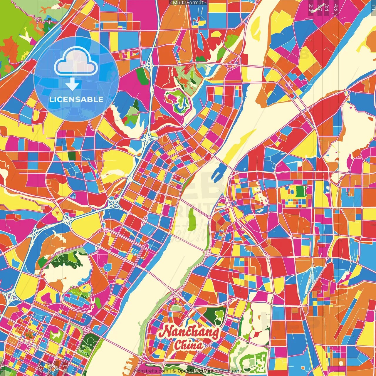 Nanchang, Jiangxi, China Crazy Colorful Street Map Poster Template