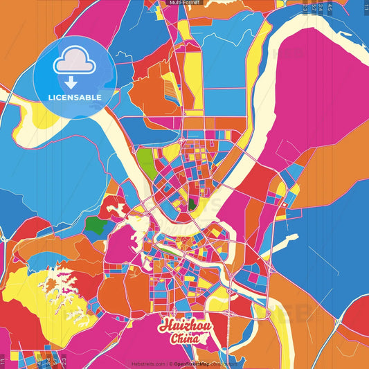 Huizhou, Guangdong, China Crazy Colorful Street Map Poster Template