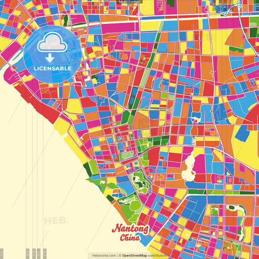 Nantong, Jiangsu, China Crazy Colorful Street Map Poster Template