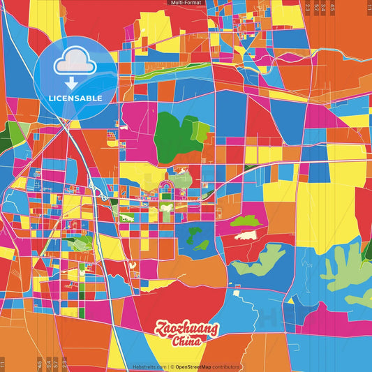 Zaozhuang, Shandong, China Crazy Colorful Street Map Poster Template