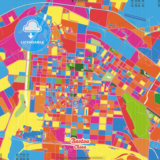 Baotou, Inner Mongolia, China Crazy Colorful Street Map Poster Template